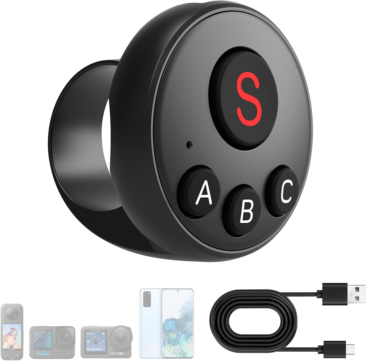 Bluetoothリモコン アクションカメラ用 DJI Osmo/Action4 Insta360 X3/Ace GoPro 9-13/Max対応ワイヤレス リモートシャッター スマホも適用 リング設計操作便利15M長距離 自撮り Vlog アウトドアスポーツ 充電可能 充電ケーブル付き